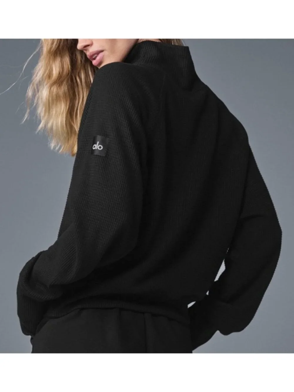 Alo Waffle Weekend Escape Mock Neck Long Sleeve Black Turtleneck Thermal Sweater